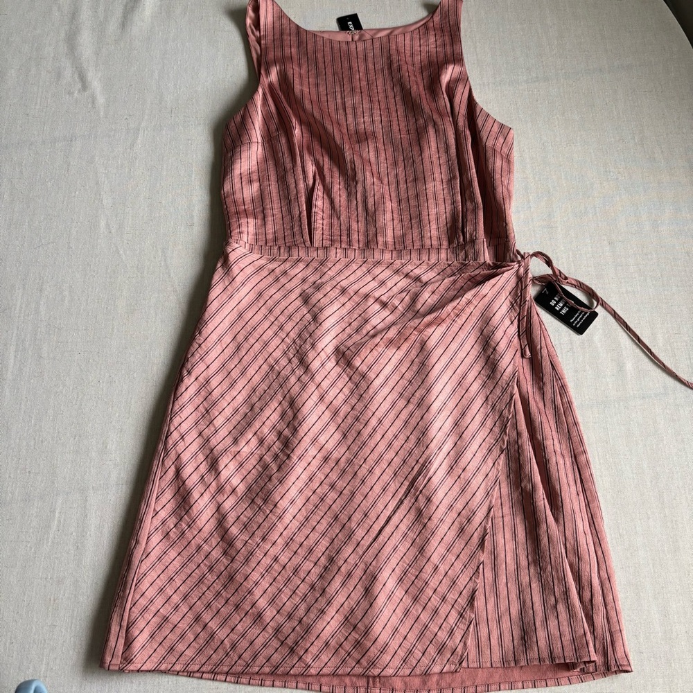 NWT Express Pink Striped Satin Mini Dress Women’s M Mauve Lined